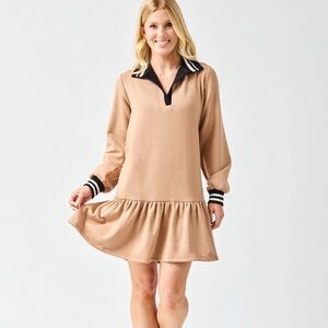 Mary Square Allison dress. Latte Long-Sleeve Dress with Black Trim
